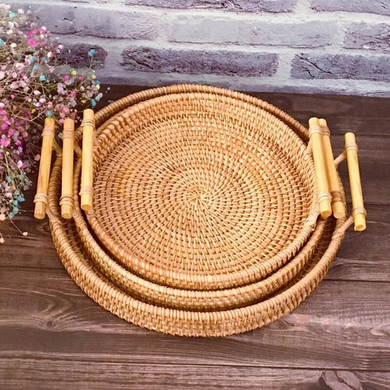 1 Stück Handgefertigtes Rattan Tablett - Rund