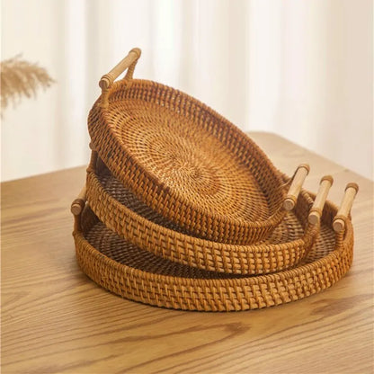 1 Stück Handgefertigtes Rattan Tablett - Rund